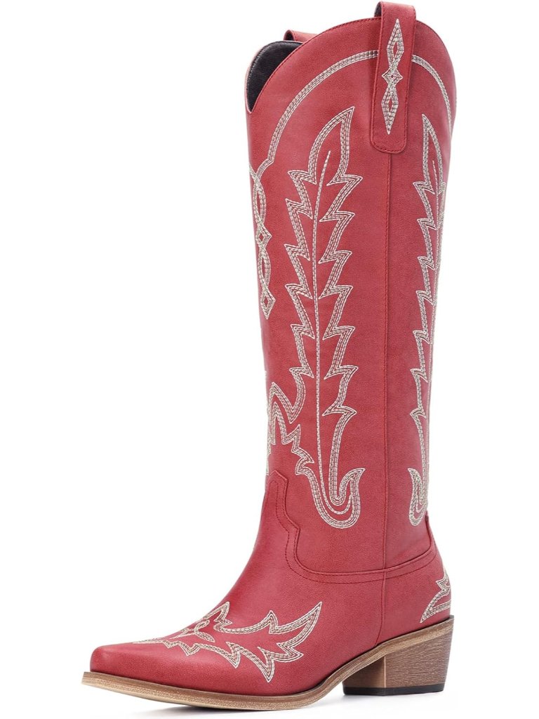 Women's Wine Red Knee High Pointed Toe Chunky Heel Pull On Zipper Cowgirl Boots